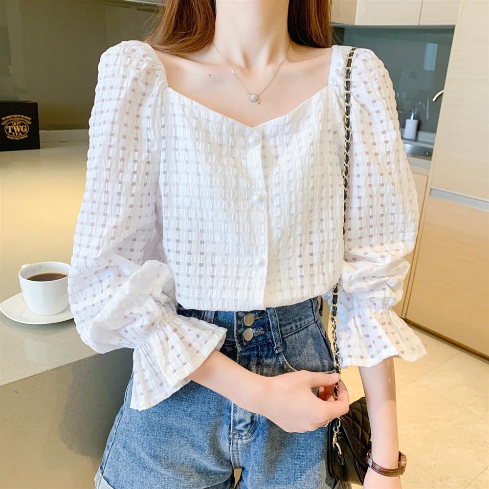 Áo Sơ Mi Cổ Vuông Tay Chuông Siêu Nhẹ Phong Cách Thời Trang Mới 2022 Dành Cho Nữ