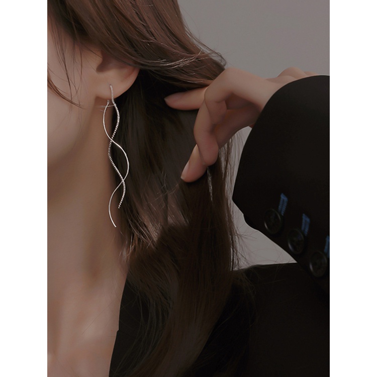 Đôi Khuyên Tai Dài Tua Rua Màu Bạc Gợn Sóng Đơn Giản Thời Trang Cho Nữ|Bông Tai Thả