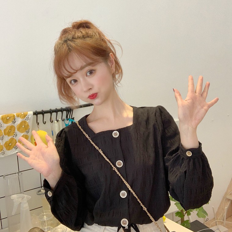 [Mã FATHANG5 giảm 10K đơn 50K] Áo Kiểu Nữ Tay Dài Cổ Vuông Đính Nút Thời Trang