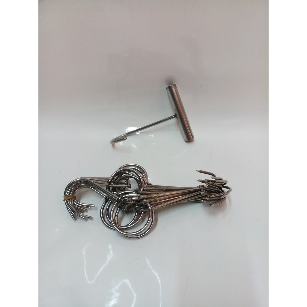 COMBO 10 MÓC QUAY THỊT INOX 4LY TRUNG 25CM+1 MÓC CÁN CẦM INOX.