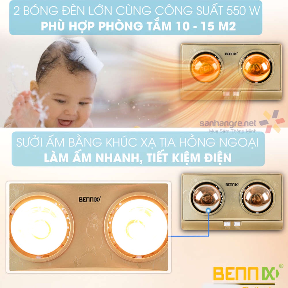 Đèn sưởi nhà tắm 2 bóng Bennix Thái Lan BN-2G hàng chính hãng bảo hành 36 tháng