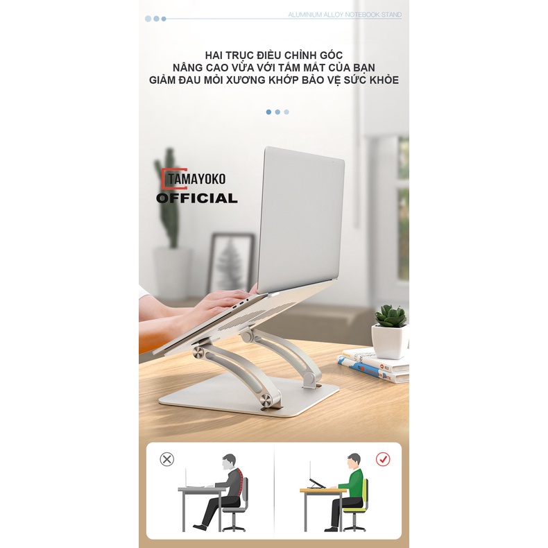 Giá Đỡ Máy Tính, Laptop, iPad, Macbook Tamayoko FS091 Hợp Kim Nhôm Cao Cấp. Hỗ Trợ Tản Nhiệt Chống Mỏi Cổ, Vai, Gáy