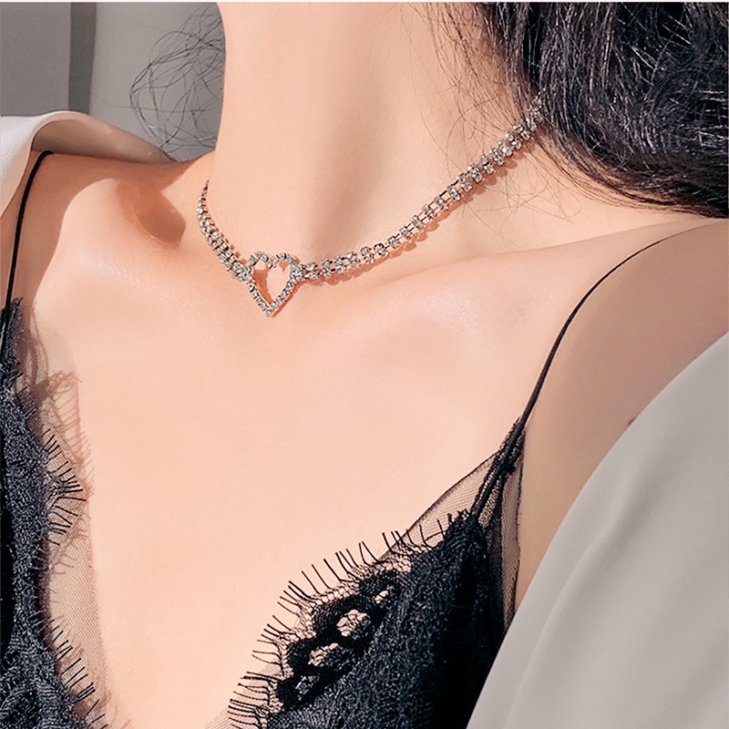 Thời trang Hàn Quốc Vòng cổ trái tim đầy đủ kim cương Chuỗi ngắn xương đòn