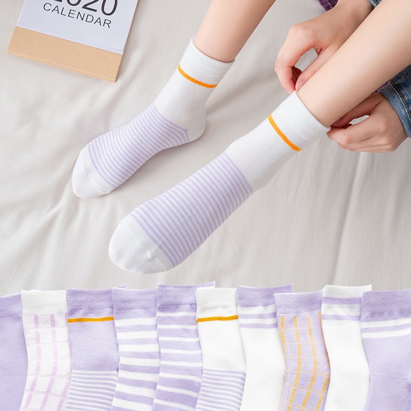 Set 5 đôi tất nữ cổ cao Mivino vớ nữ hàn quốc màu tím vintage nhẹ nhàng TN61