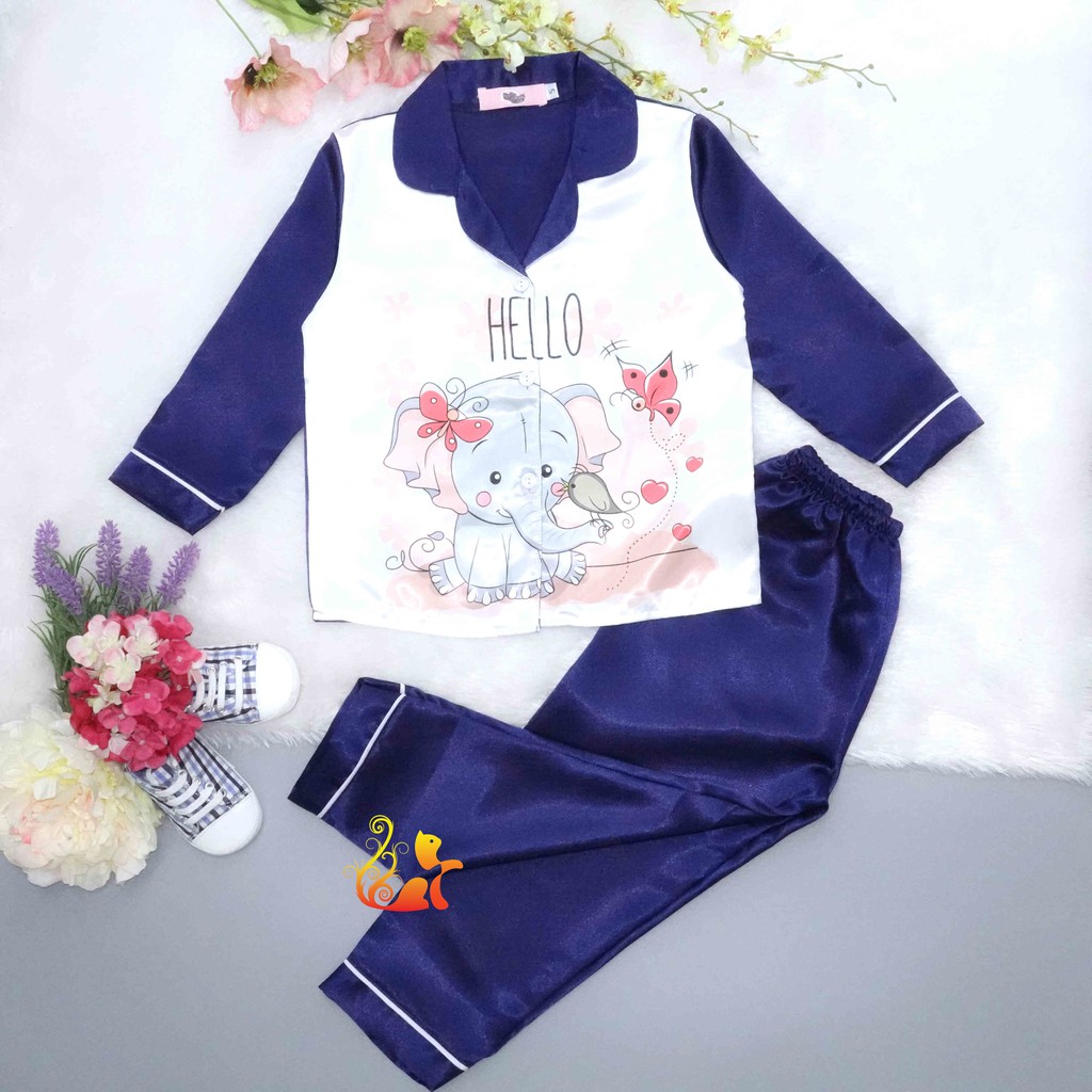 Bộ Đồ Pijama Phi Lụa &quot;Hình Voi&quot; Tay Dài Cho Bé - Từ 12kg - 42kg.