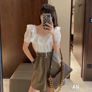 Set áo ren trễ vai phối quần rêu siêu xinh