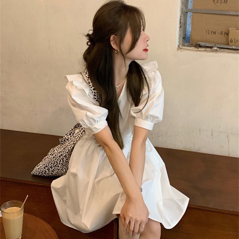 Đầm Mỏng Mùa Hè Tay Phồng Viền Màu Trơn Kiểu Pháp Mới Cho Nữ