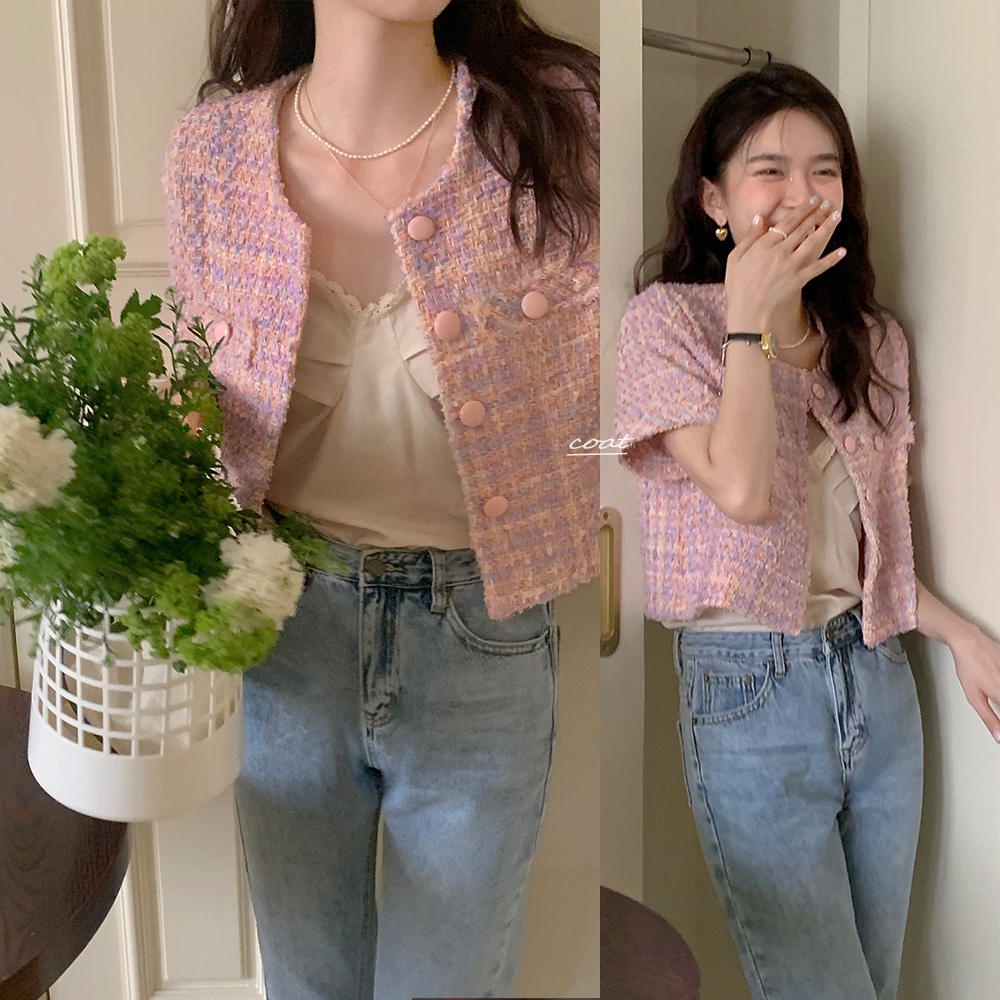 Áo Khoác Vải Tweed Ngắn Tay Thời Trang Retro Thanh Lịch 50773