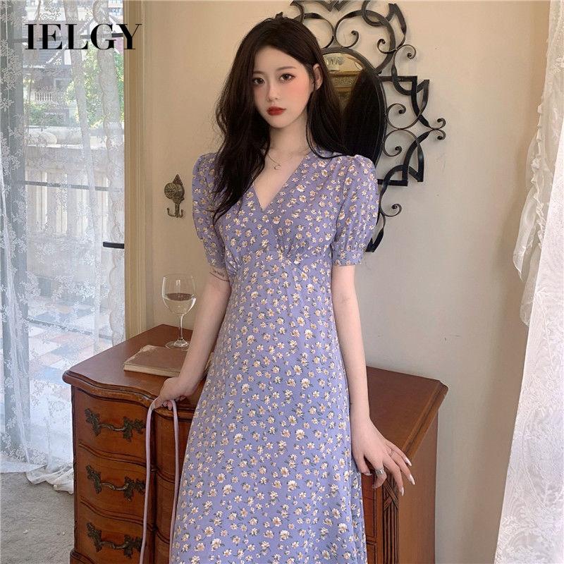 Đầm IELGY họa tiết hoa chuông cổ chữ V kích thước lớn thời trang cho nữ