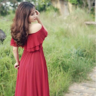 Đầm Maxi trễ vai 2 tầng bèo đỏ đô