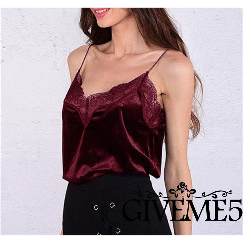 Áo nhung hai dây cổ V phối ren quyến rũ cho nữ