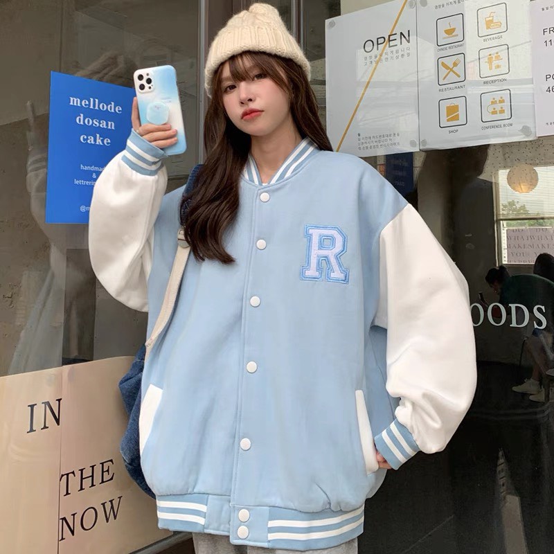 Áo Bomber nỉ CHỮ R Ulzzang form rộng Unisex áo khoác nỉ bông Guvia
