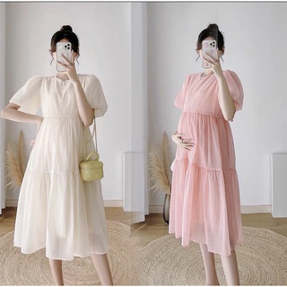  Đầm bầu babydoll  VB05  tay bồng tiểu thư xinh xắn Váy bầu dự tiệc 2 lớp màu hồng kem cốm 