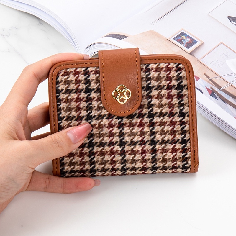 Ví ngắn nữ gập cầm tay da PU cao cấp hoạ tiết kẻ sọc vintage vải thêu