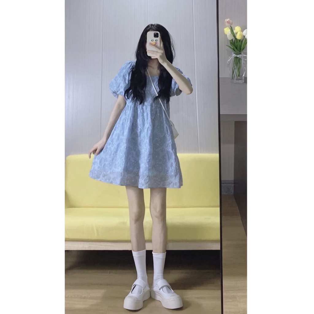 🎀váy babydoll Đầm Công Chúa Tay Phồng Cổ Vuông Màu Xanh Dương Ngọt Ngào Thời Trang Mùa Hè 2022 Phong Cách Mới Cho Nữ