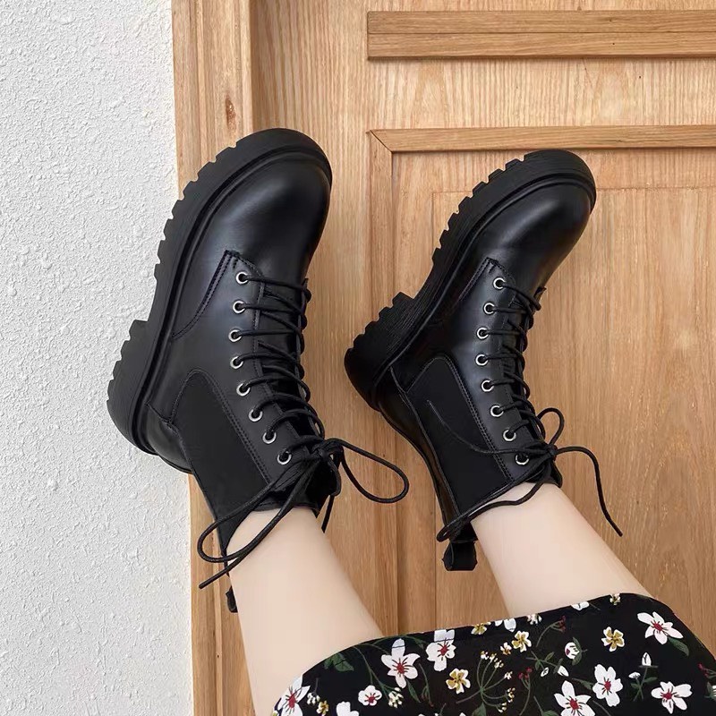 Giày boot Nữ Cổ Cao, giày bốt nữ cao cổ Martin Bốt Cổ Cao Phong Cách Hàn Quốc Đế Răng Cưa da lì | BigBuy360 - bigbuy360.vn