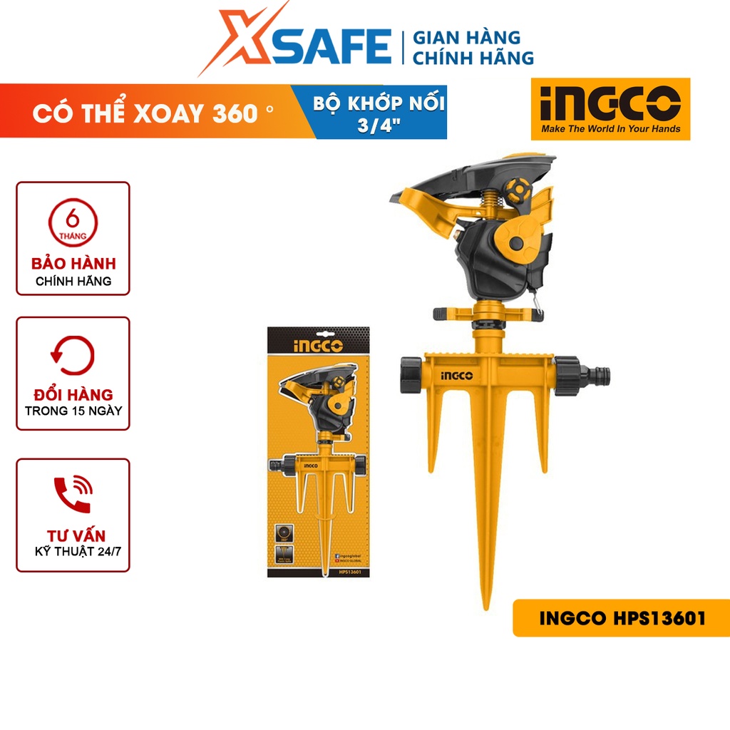 Đầu phun tưới nước 360 độ INGCO HPS13601 -  Chất liệu: ABS + PP, bộ khớp nối 3/4&quot;, 3 ty gài nhựa, có thể xoay 360 °