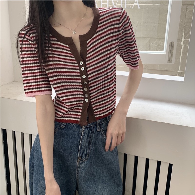 Áo cardigan ZHELIHANGFEI dệt kim tay ngắn kẻ sọc thiết kế trẻ trung cá tính cho nữ