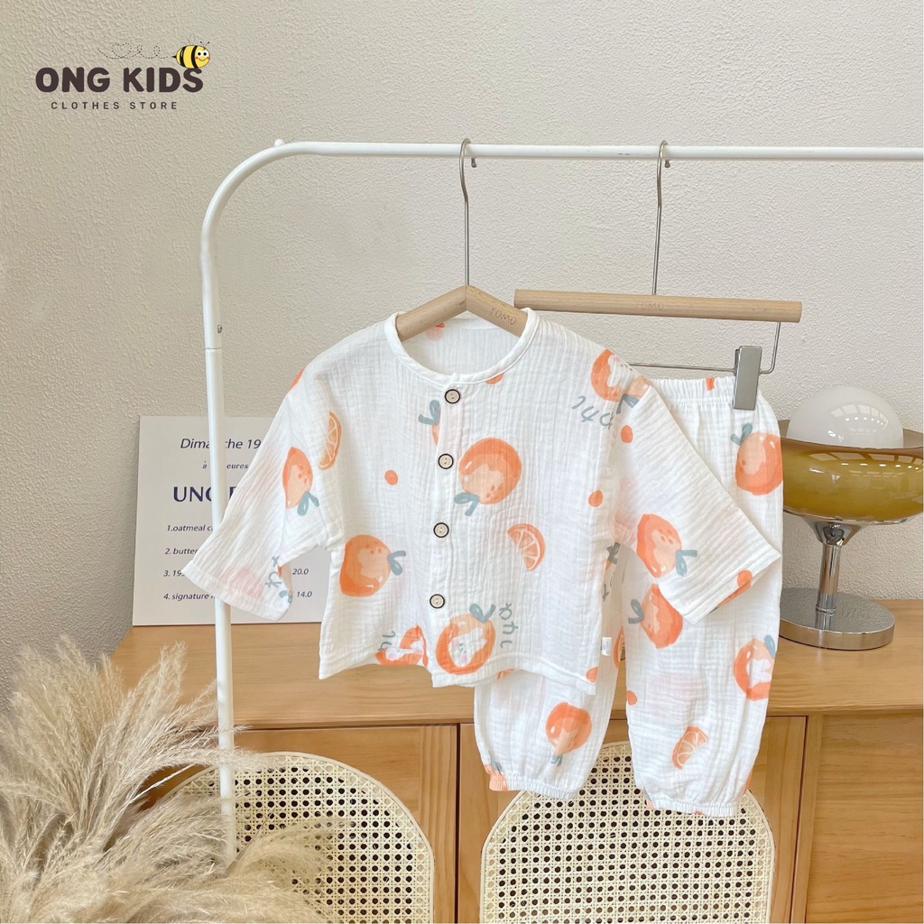 Set quần áo sơ sinh vải xô Muslin tay lỡ hình quả cam dễ thương, Đồ bộ bé trai và bé gái dài tay mềm mịn thoáng mát