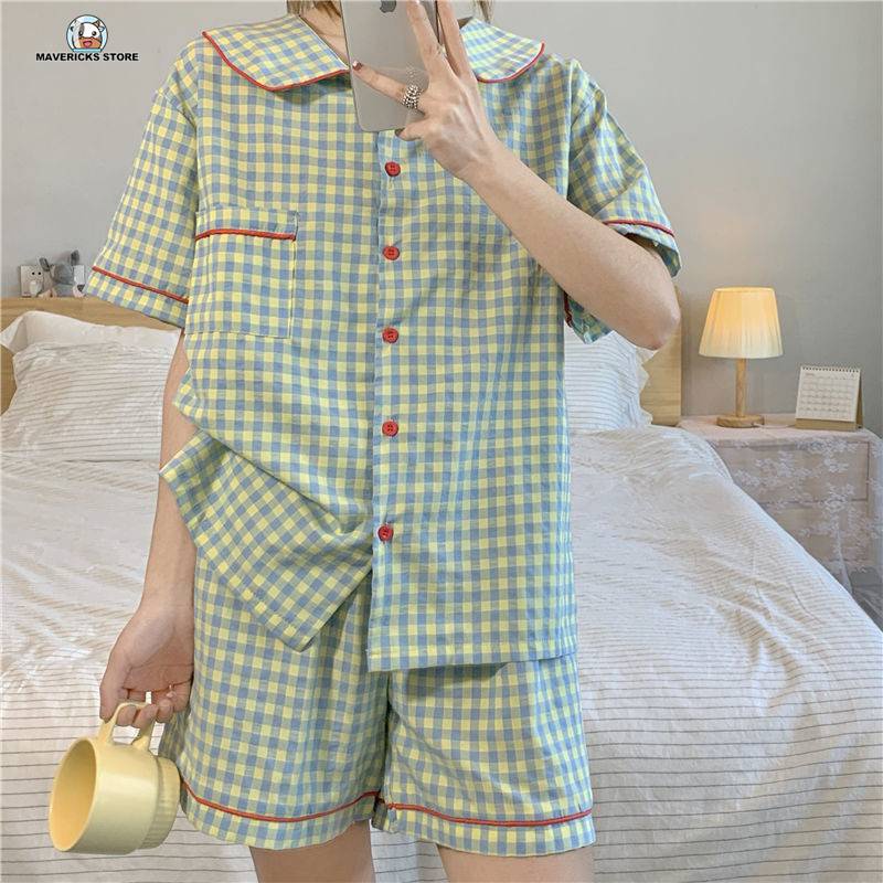 Bộ đồ ngủ dáng rộng in họa tiết caro màu xanh lá thời trang mùa hè mới 2021 cho nữ