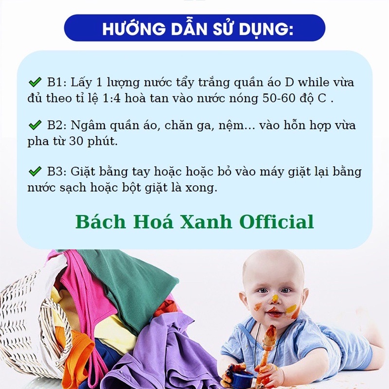 Nước Tẩy Trắng quần áo thế hệ mới D.WHITE - Tẩy mốc quần áo - 100% Chính hãng-Không làm hỏng màu quần áo