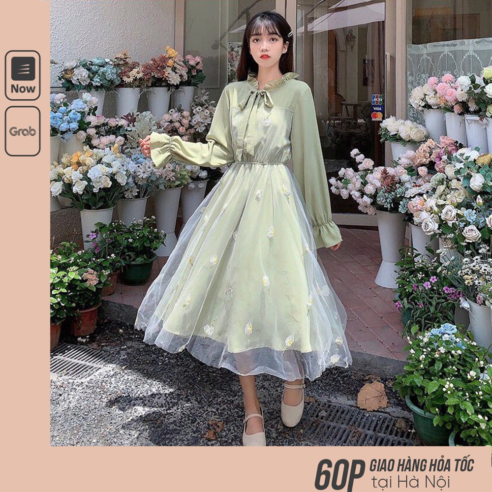 (SẴN) Váy công chúa tiểu thư cổ bèo ulzzang dáng dài xòe màu xanh lá phong cách retro vintage dự tiệc mã V00345