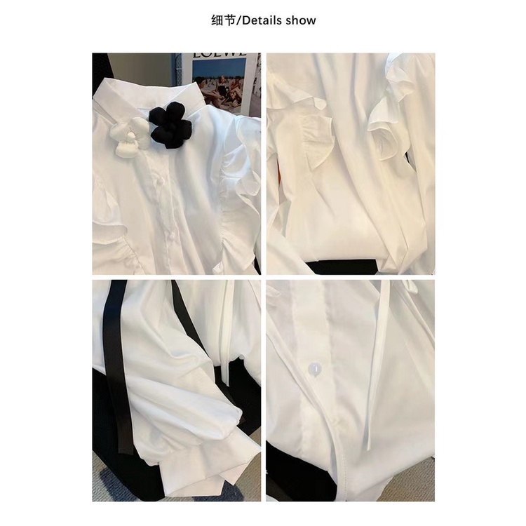 Áo Sơ Mi Trắng Tay Dài Cổ Bèo Dáng Rộng Phong Cách Hàn Quốc Thời Trang Cho Nữ