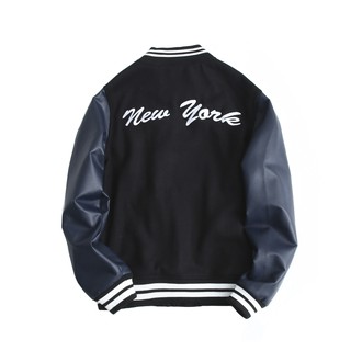ÁO BOMBER MLBNY DẠ PHỐI TAY DA MÀU ĐEN