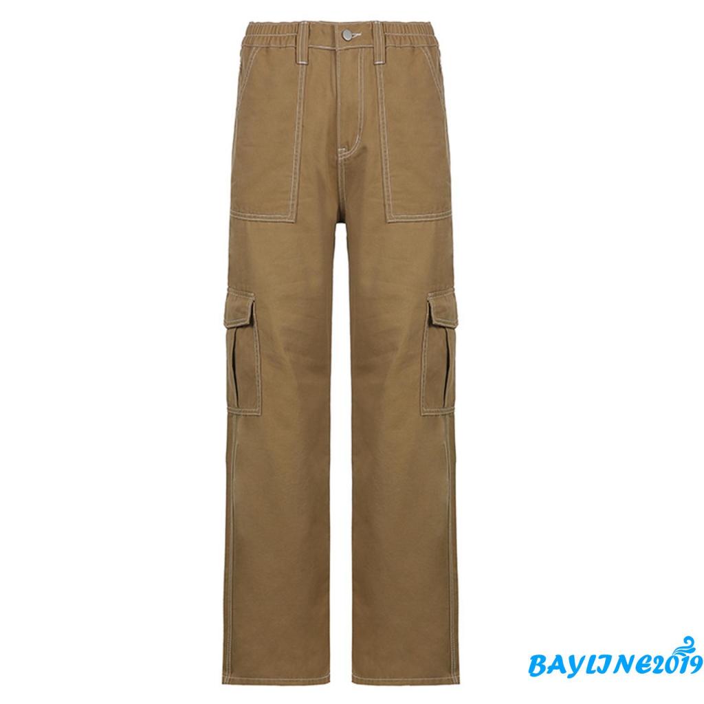 BAY-Quần jean nữ lưng cao màu trơn ống thẳng có túi cài khóa Khaki/ nâu