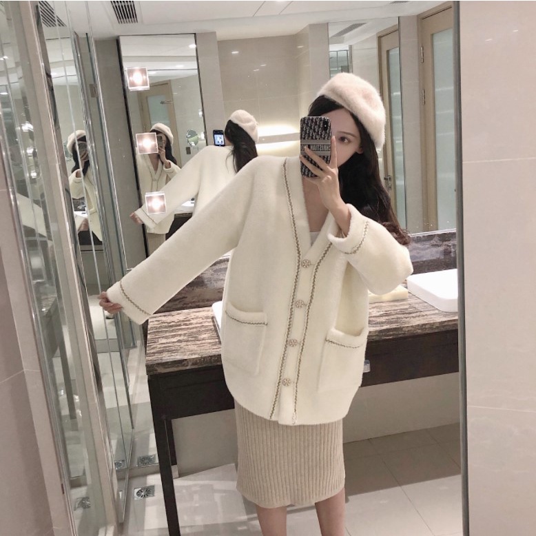 DẠ TWEED | Áo Khoác Cardigan Len Nữ Giả Dạ Tweed Cổ V Dài Tay Dày Dặn Hàng Quảng Châu, Phong Cách Hàn Quốc