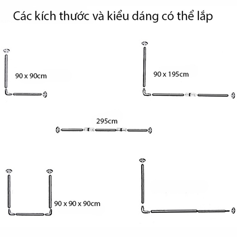 Thanh treo rèm chữ U lắp phòng tắm, phòng thay đồ tiện lợi 90 x 90 x 90cm