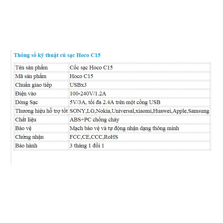 Cốc Sạc Hoco 3 USB Model C15 Có LCD Hiển Thị Tốc Độ Sạc