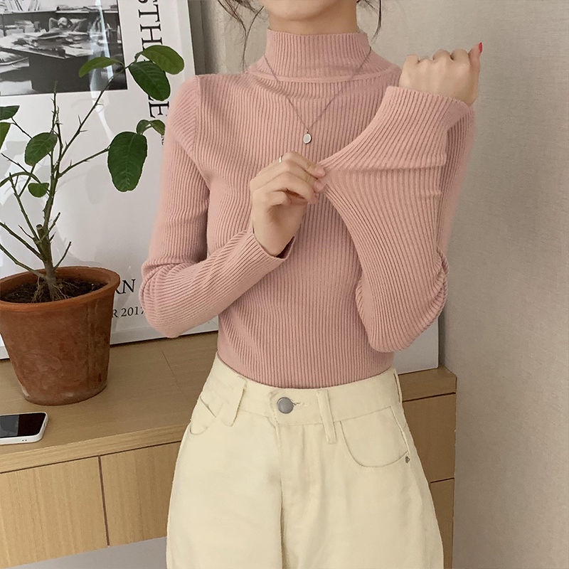 Áo thun cổ cao tay dài màu đen thời trang thu đông cho nữ 2021