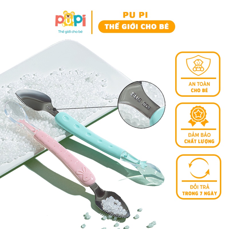Thìa Nạo Trái Cây Ăn Dặm 2 Đầu Cho Bé Chất Liệu Thép Và Silicon Kèm Hộp Pu PI House