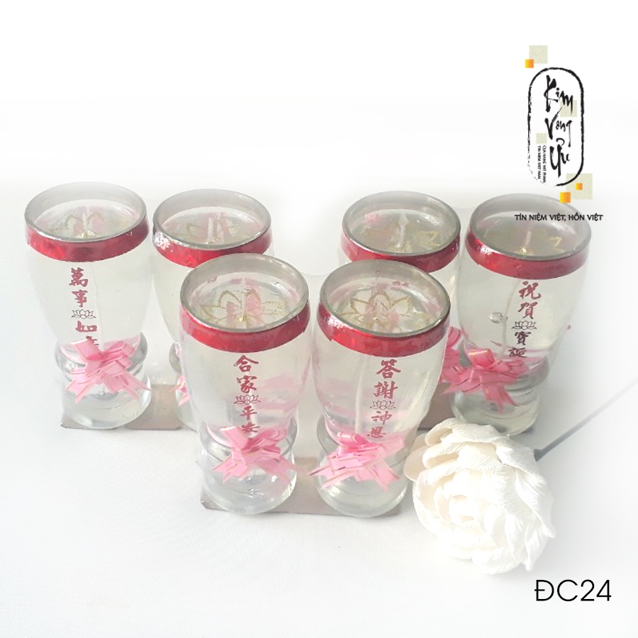 Đèn cầy ly cúng Nơ Hồng Viền Đỏ / Không Viền  ĐC24 cao 14.5 cm