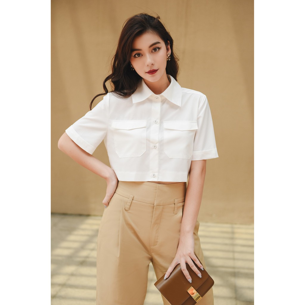 Áo sơ mi cotton lụa nữ HUONGBOUTIQUE croptop cotton mát, form suông, trẻ trung - HBSM756