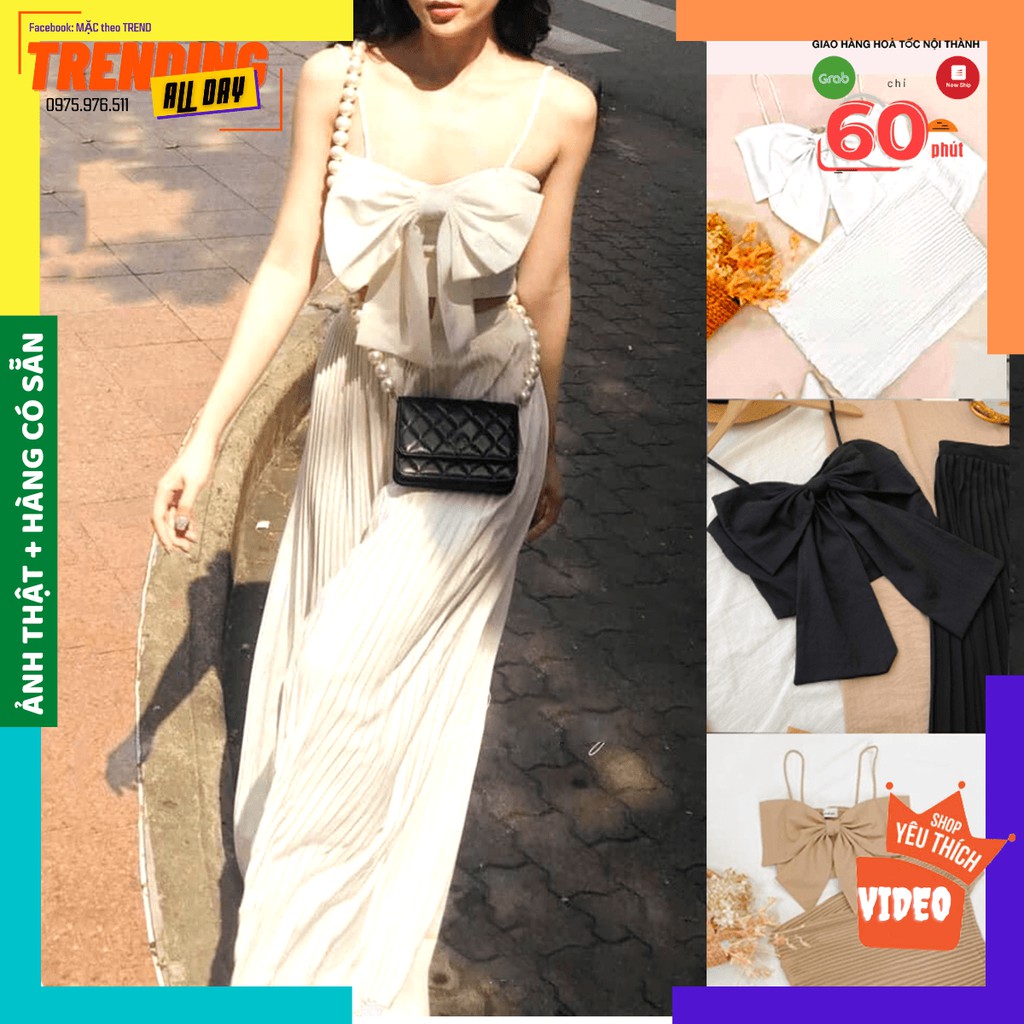 [GIẢM 10K] Set ÁO NƠ HAI DÂY QUẦN ỐNG RỘNG DẬP LY 3 màu ĐEN-TRẮNG-NÂU