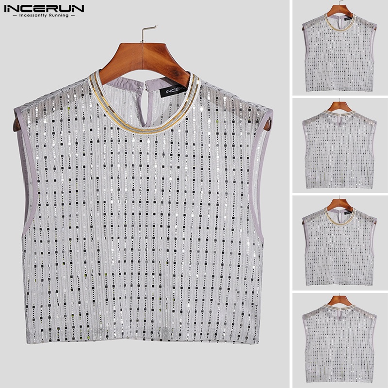 Áo croptop INCERUN kiểu sát nách kẻ sọc xuyên thấu gợi cảm cho nam