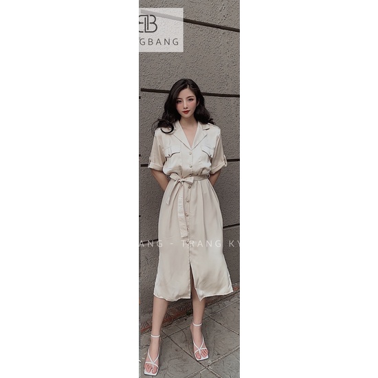 Váy Sơ Mi Dáng Dài Nữ Cúc Cài Cột Nơ Eo Sang Chảnh - Đầm Công Sở Đi Chơi Hoặc Đi Làm