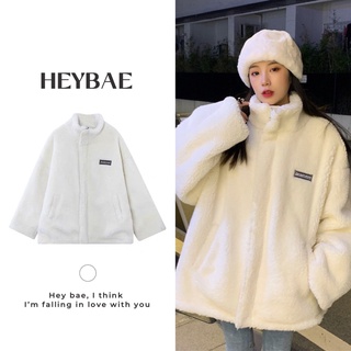 Áo khoác lông cừu oversize Cuddly HEYBAE thêu tag khoá kéo dài tay cổ cao dáng rộng áo ấm nữ AK015
