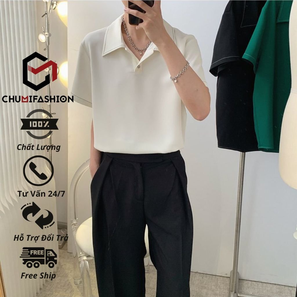 Áo thun polo nam cổ bẻ CHUMI vải cotton may chỉ nổi form rộng dáng suông hottren hàn quốc 2022 at 316