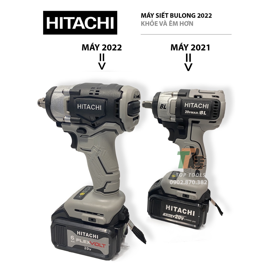Máy bắn bulong, Máy siết bulong Hitachi 2022, Pin 10Cell,  Mẫu 2022 mạnh mẽ và êm hơn, Động cơ không chổi than