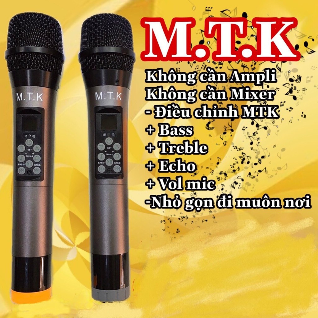 Mic MTK hát karaoke không dây phù hợp mọi loa kéo, bắt âm tốt,6 chức năg thông minh chỉnh bass-treble-echo trên thân mic