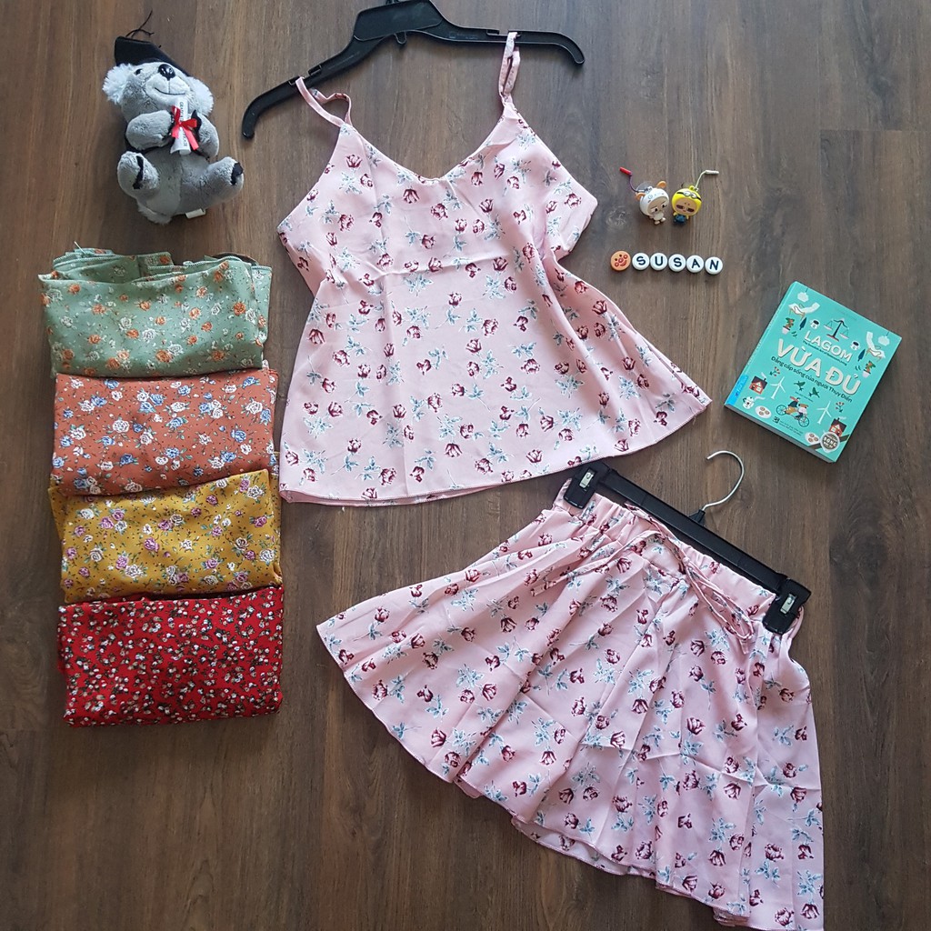 Set Hai Dây Họa Tiết Hoa Nhí Siêu Hot Mặc Ngủ, Mặc Nhà Vải Voan Cát Cao Cấp