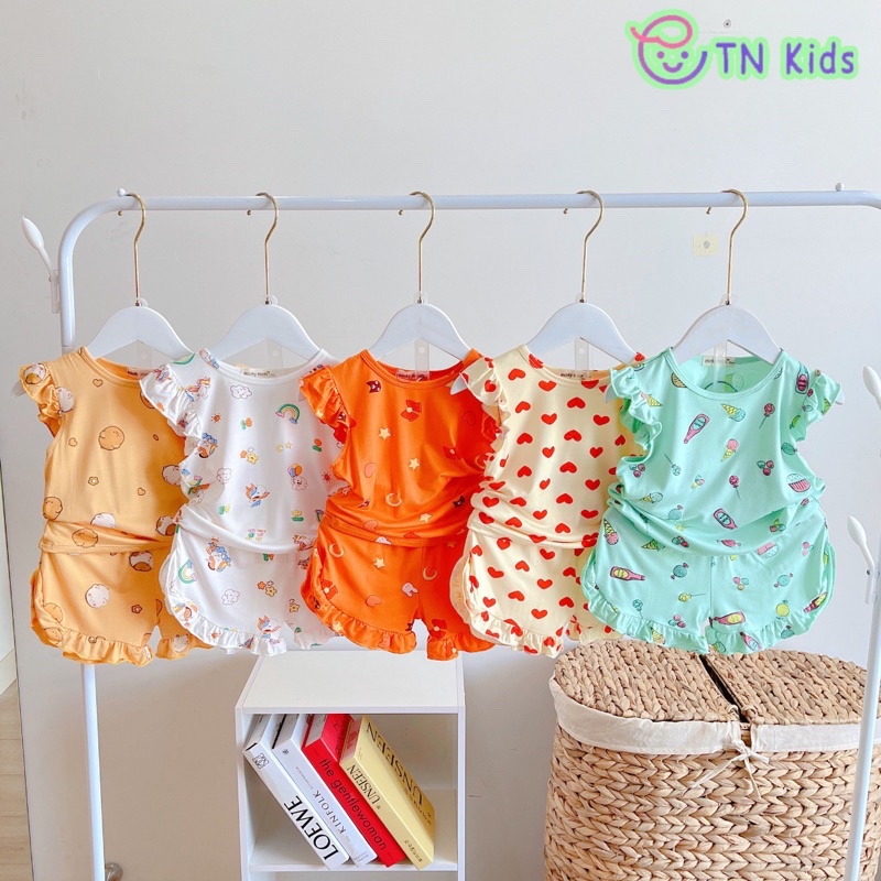 NT089 Bộ cộc thun lạnh tay cánh tiên quần bèo cho bé gái in hoạ tiết toàn thân