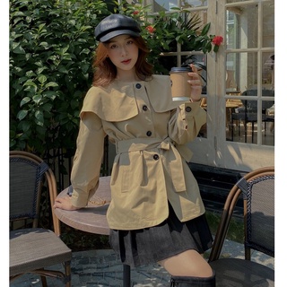 Áo khoác măng tô cách điệu nữ LYRA, chất kaki cổ tròn vạt bèo kèm belt xinh xắn-VSYAK0030