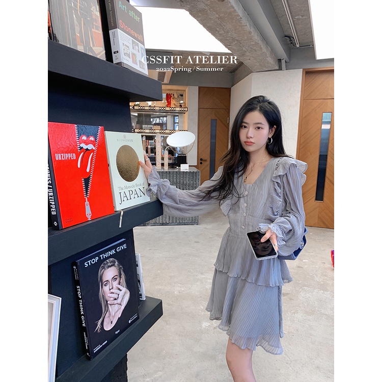 Váy chiffon xanh xám xuân hè