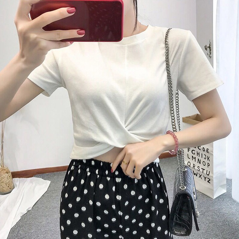 Áo croptop tay ngắn cổ tròn thiết kế khoét bụng gợi cảm thanh lịch