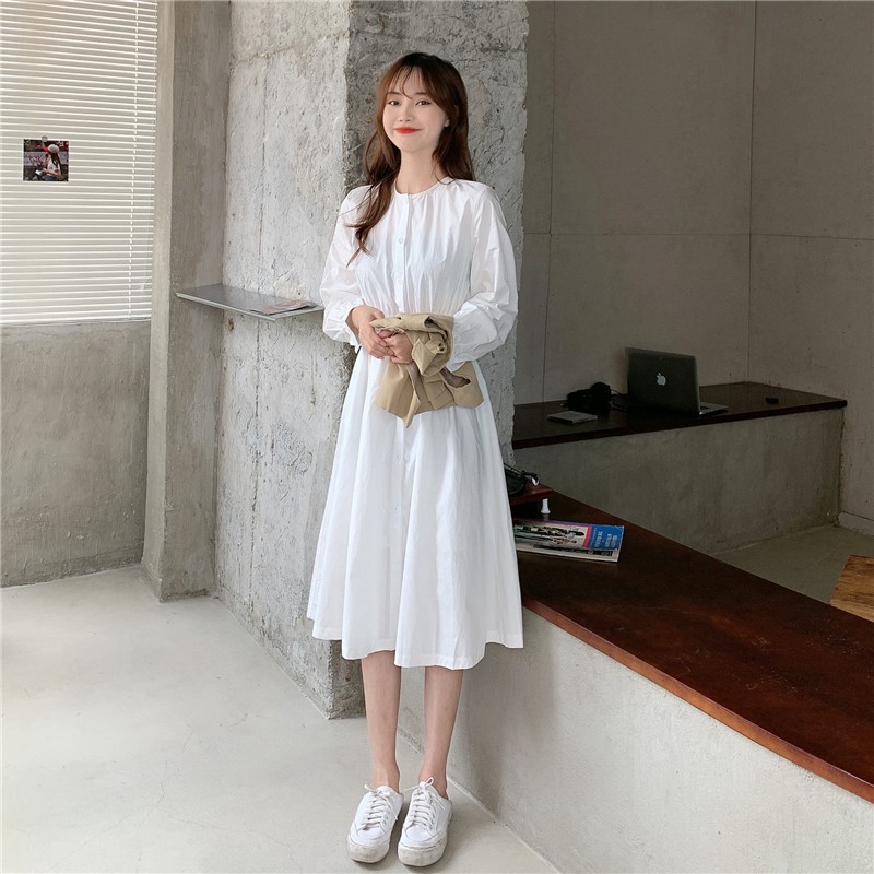 [ORDER TAOBAO/TMALL 053 ] Set váy babydoll trắng + Áo giả da cổ sơ mi khuyết tay đi liền thắt lưng