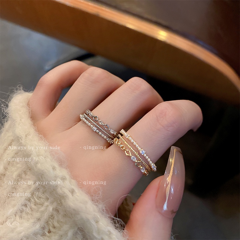 DREJEW Nhẫn nhiều lớp ngọc trai zircon khạm ngọc trai siêu nhỏ đơn giản phong cách Hàn Quốc thời trang